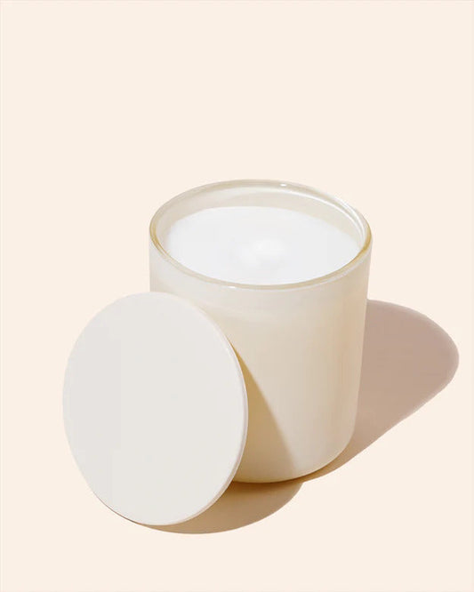 London Fog Noura Blanc 8oz Cream Candle Jar with lid on Ivory Background