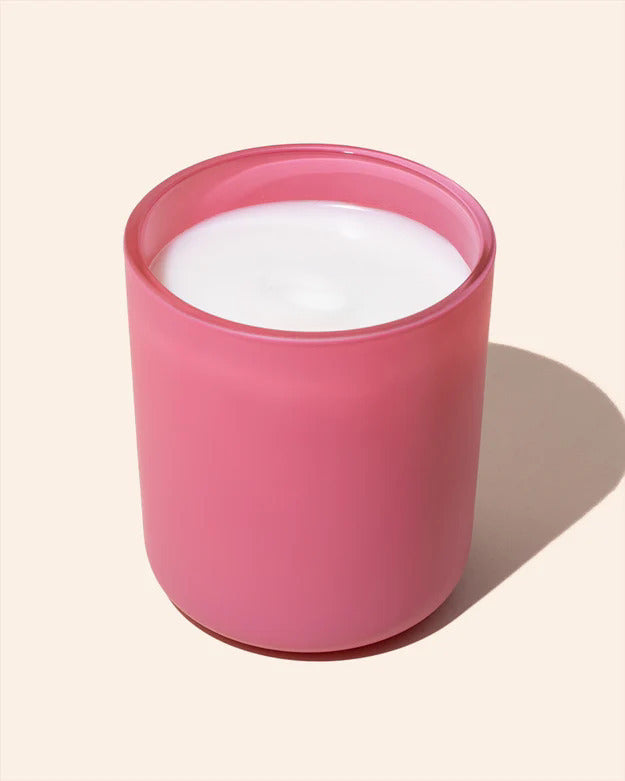 London Fog Noura Blanc Candle in 12 oz Flamingo Pink Jar Flat Lay with Ivory Background