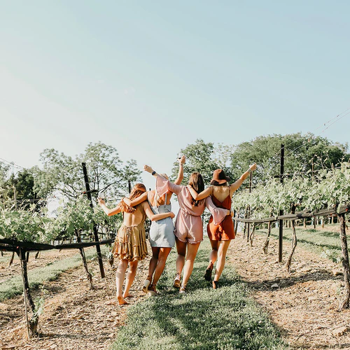 friends walking away through a vineyard looking happy