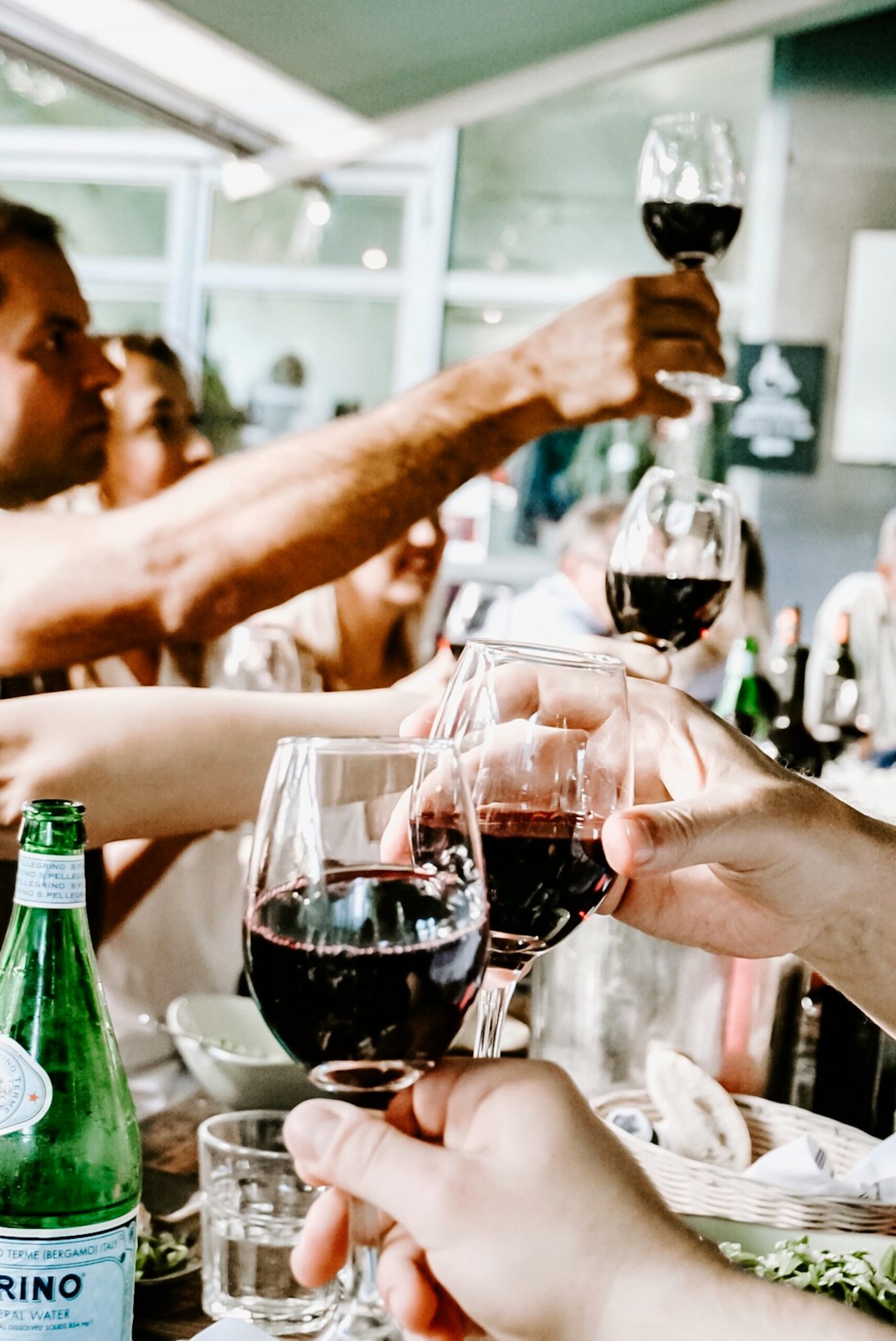 group raising wine glasses in cheers